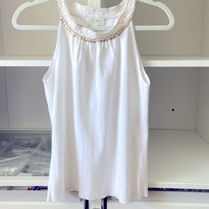 White Loft tank sweater with matte gold sequin detail around neck